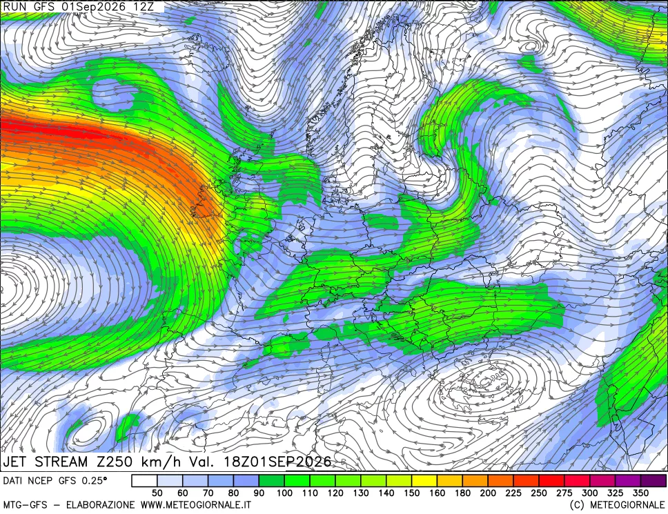 mappa 250 hPa Jet stream