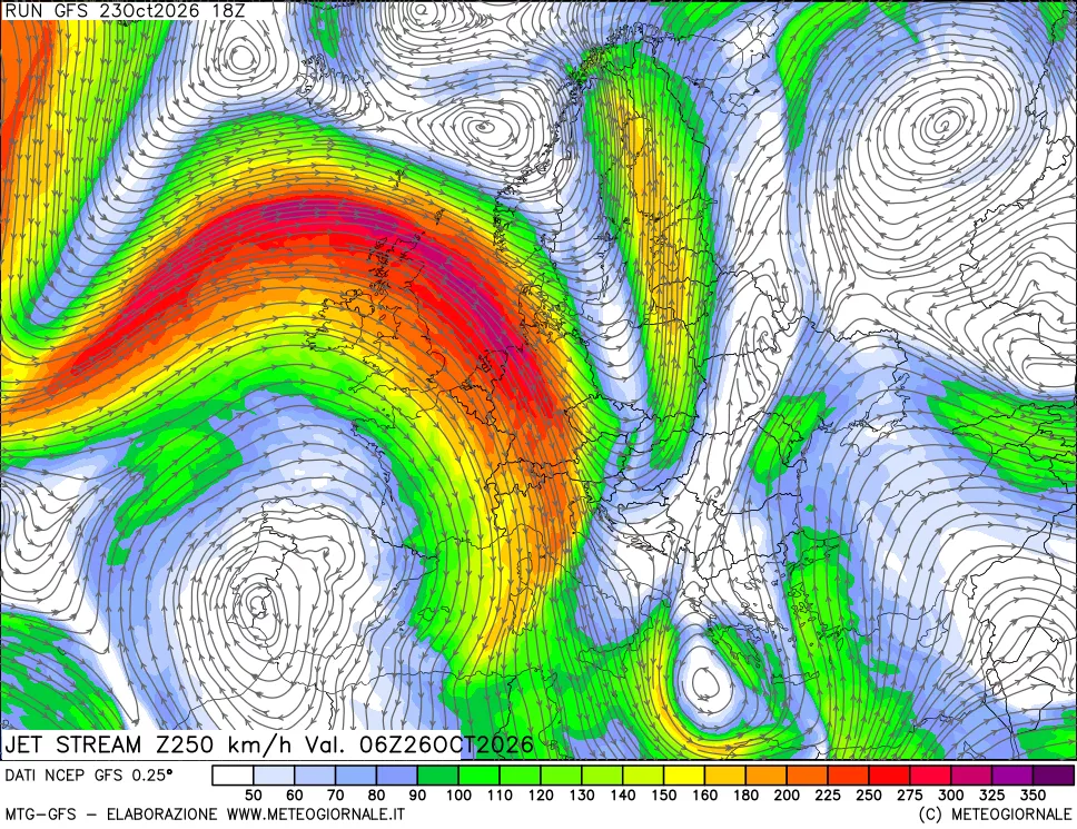 mappa 250 hPa Jet stream