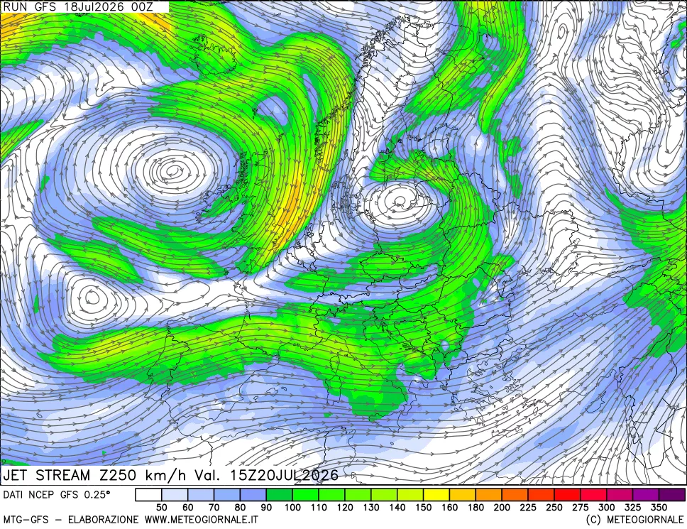 mappa 250 hPa Jet stream