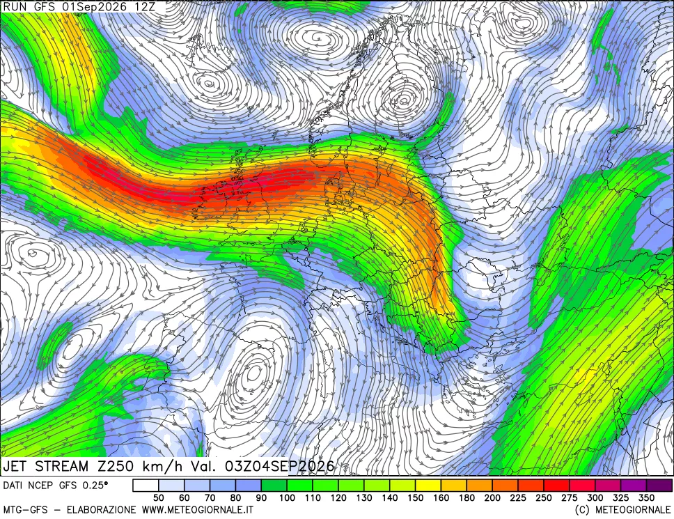 mappa 250 hPa Jet stream