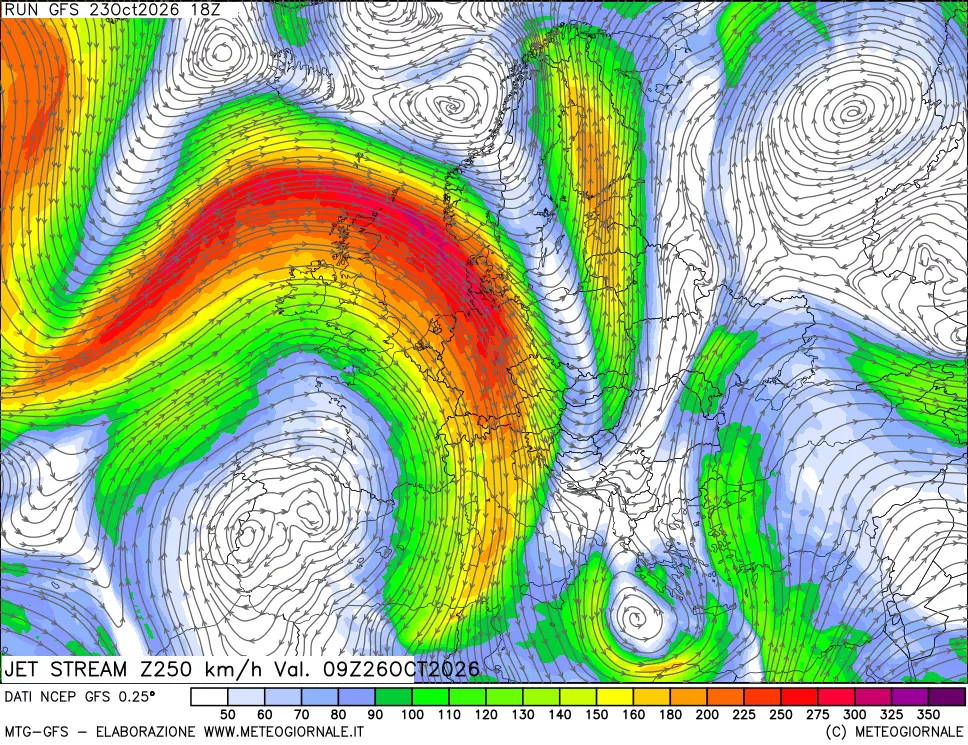 mappa 250 hPa Jet stream