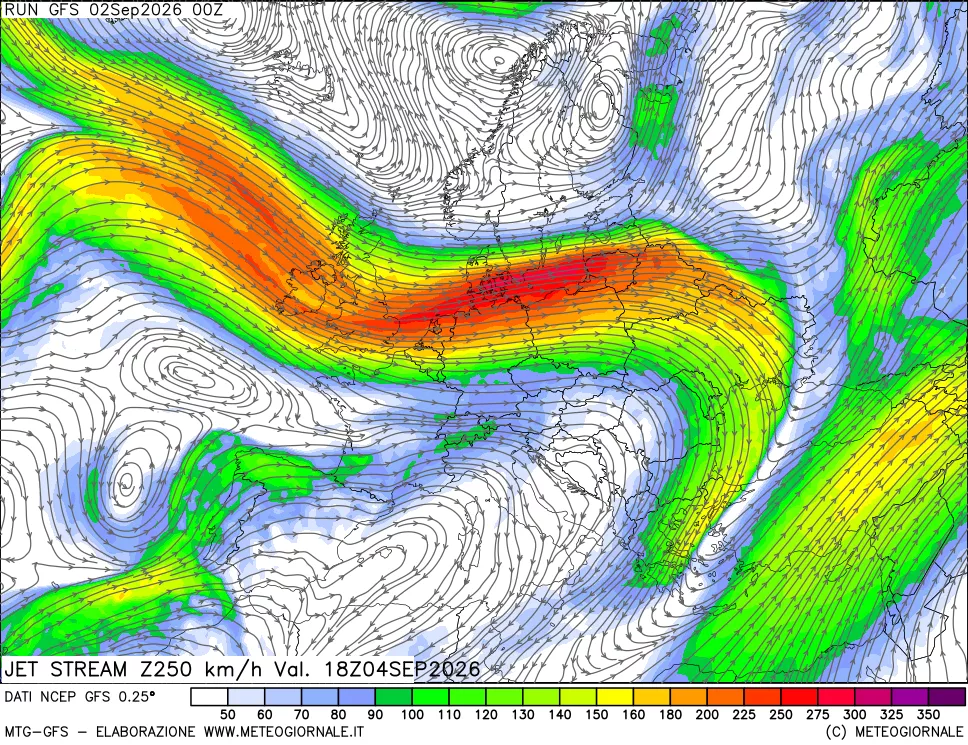 mappa 250 hPa Jet stream