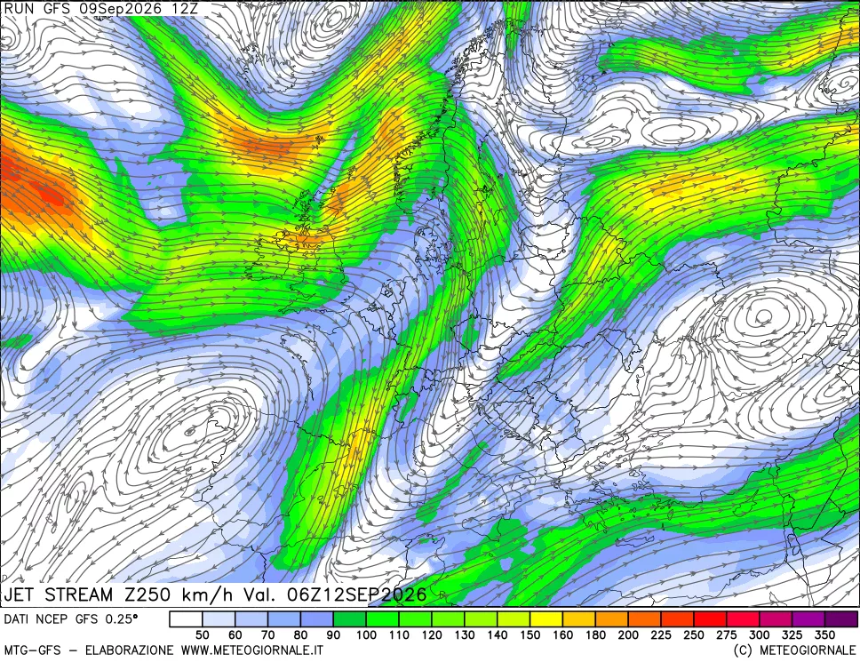 mappa 250 hPa Jet stream