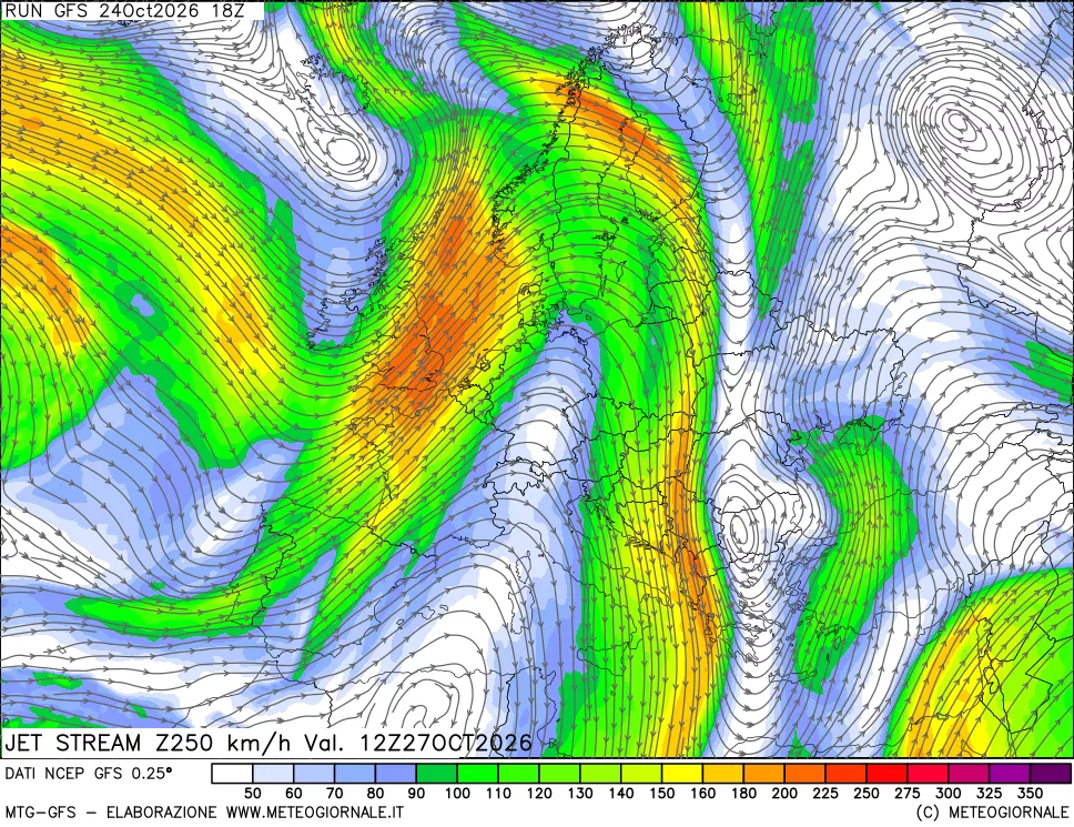 mappa 250 hPa Jet stream