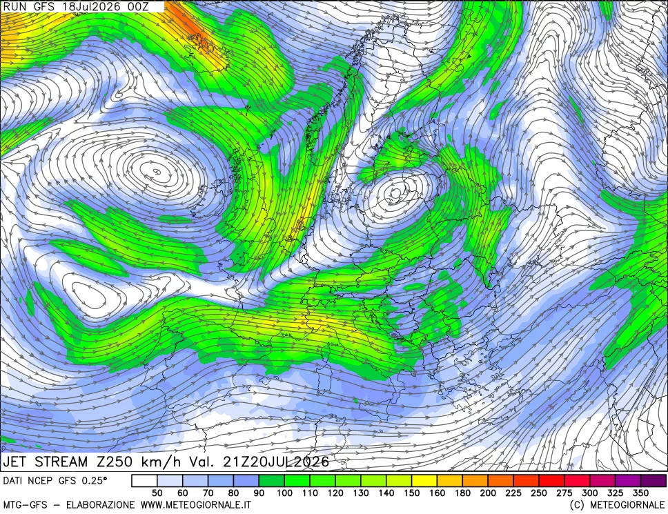mappa 250 hPa Jet stream