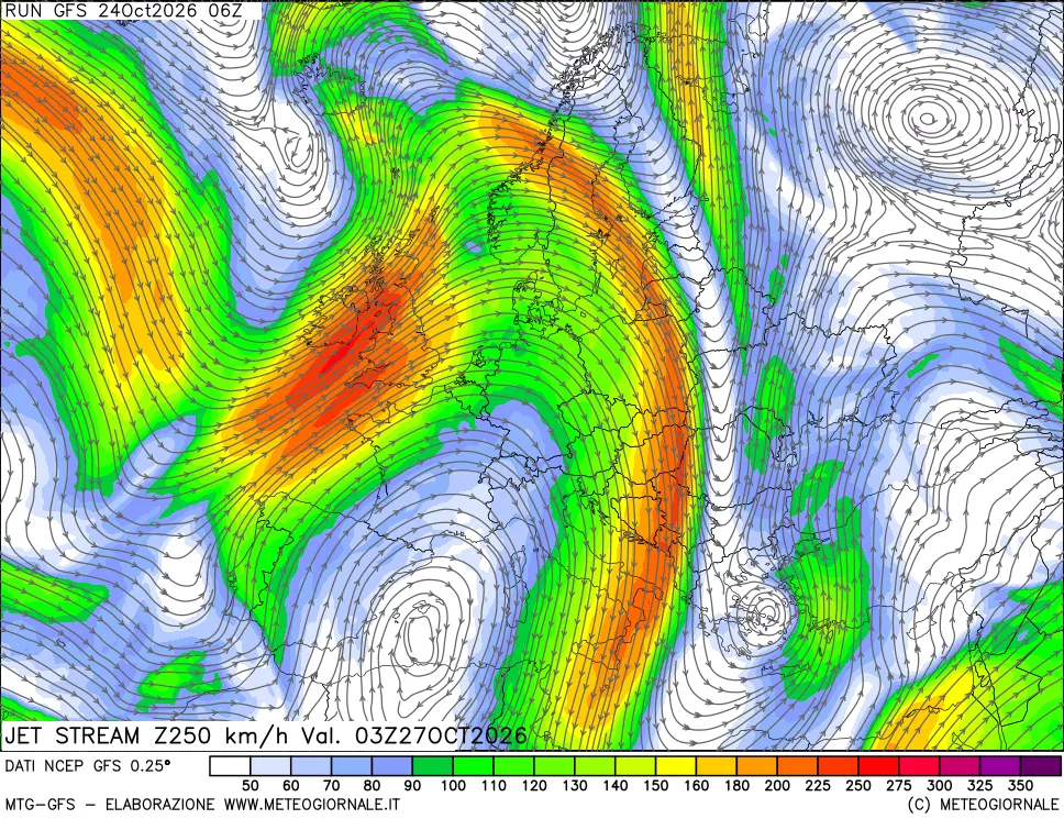 mappa 250 hPa Jet stream