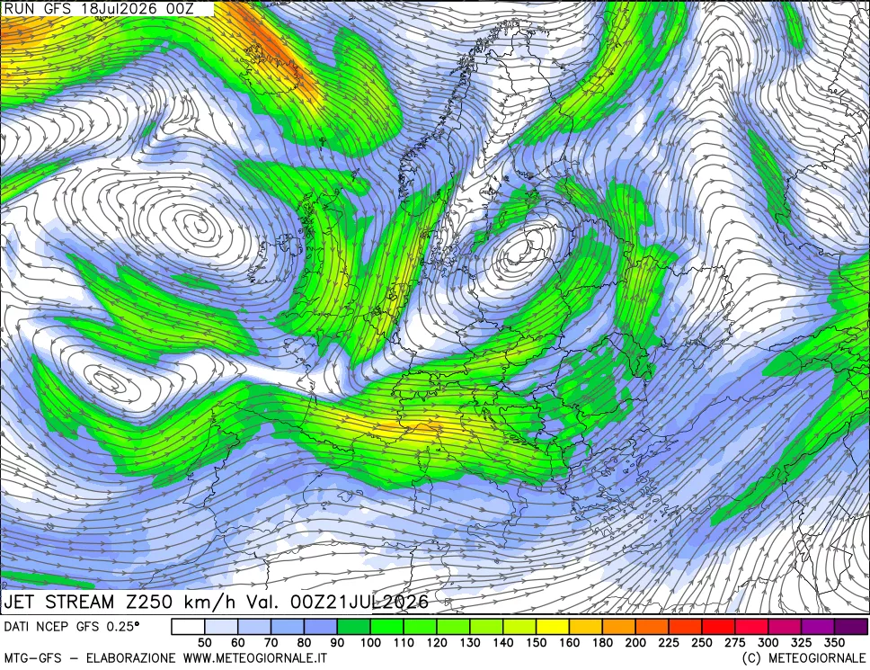 mappa 250 hPa Jet stream