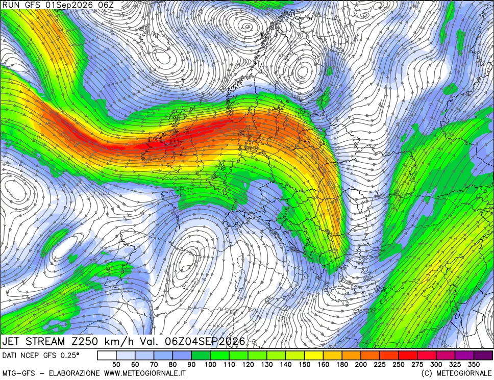 mappa 250 hPa Jet stream