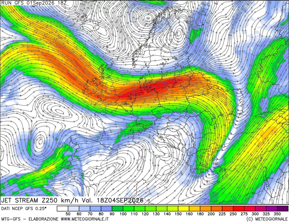mappa 250 hPa Jet stream