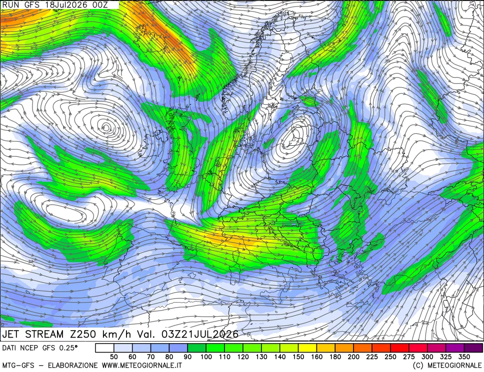 mappa 250 hPa Jet stream