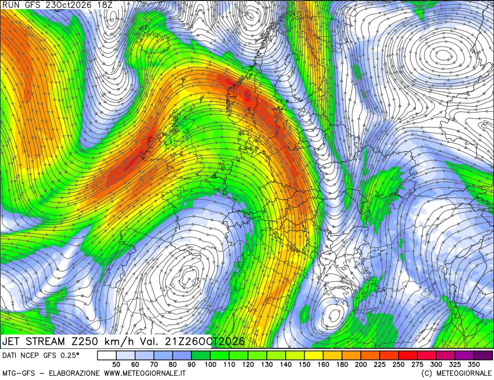 mappa 250 hPa Jet stream
