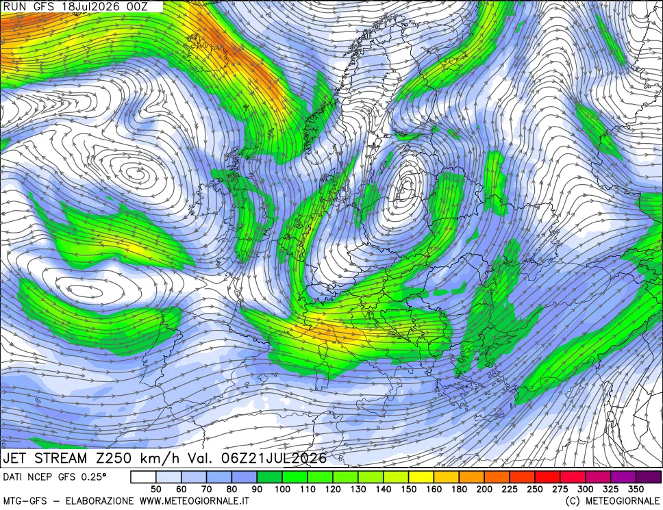 mappa 250 hPa Jet stream