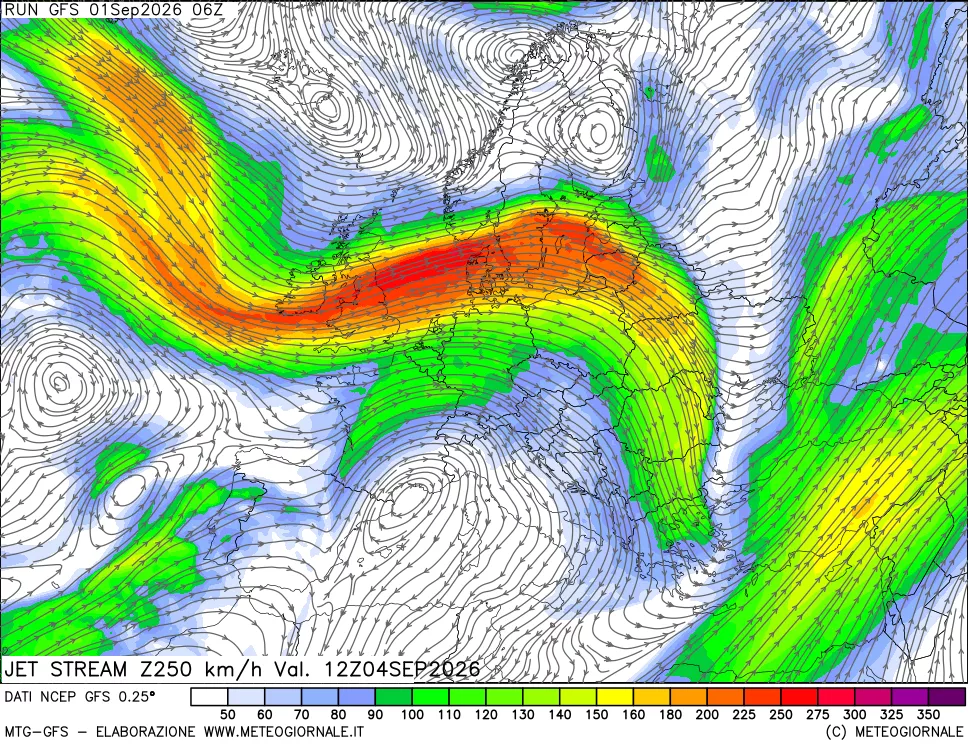 mappa 250 hPa Jet stream