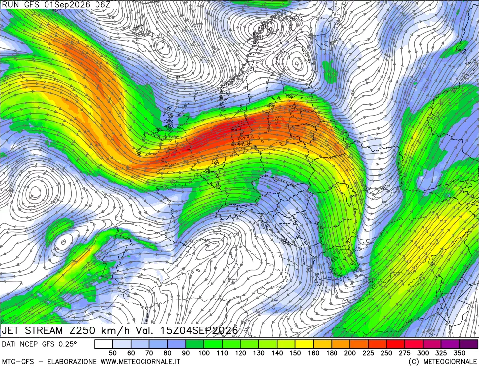 mappa 250 hPa Jet stream