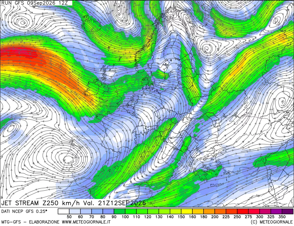 mappa 250 hPa Jet stream