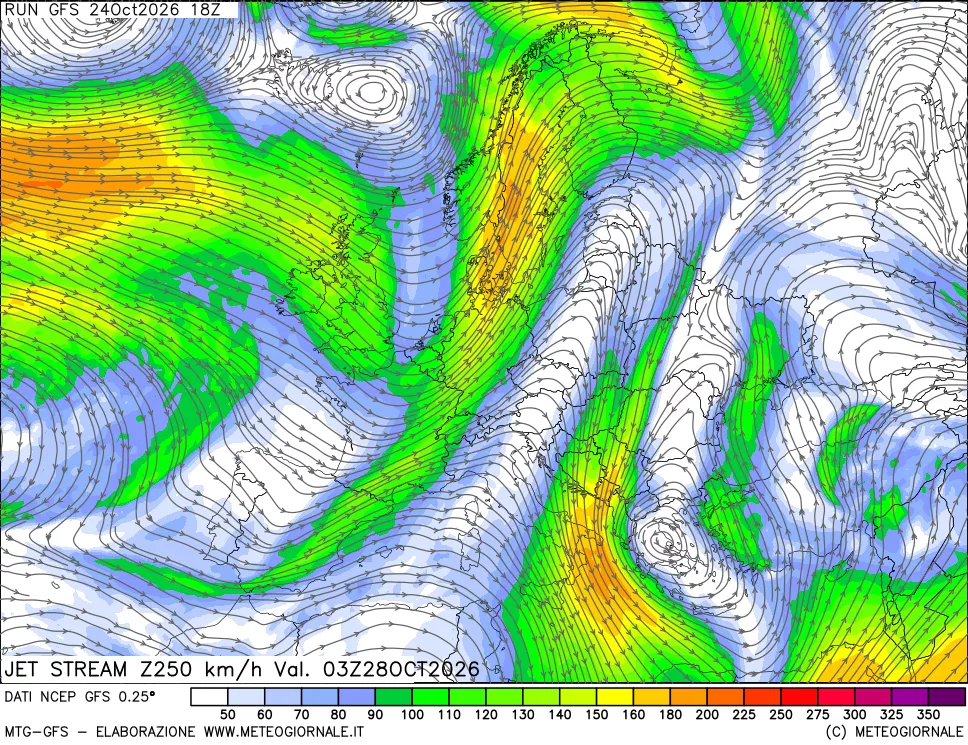 mappa 250 hPa Jet stream