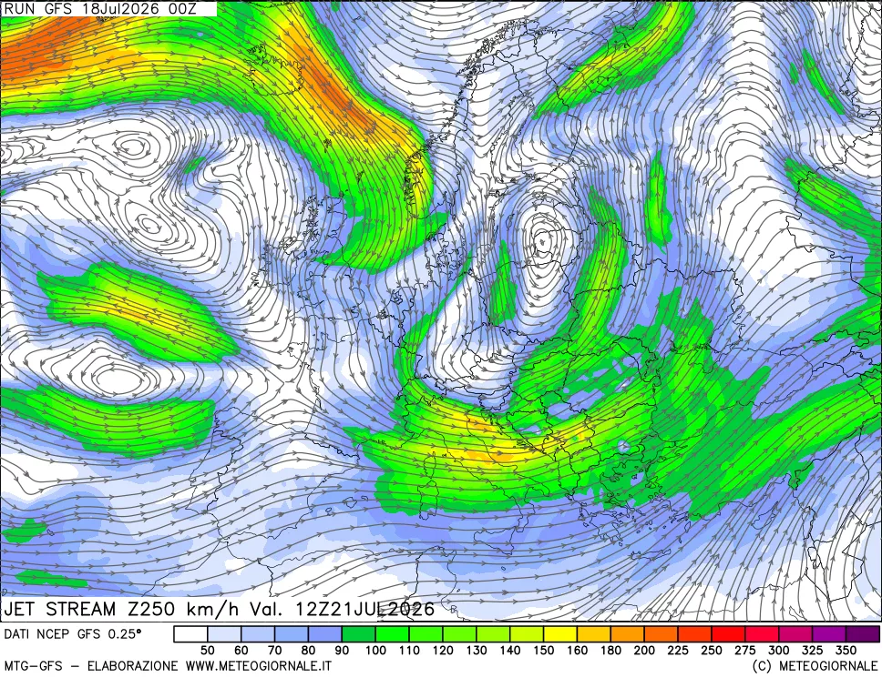 mappa 250 hPa Jet stream