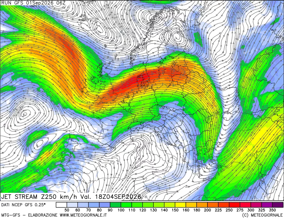 mappa 250 hPa Jet stream