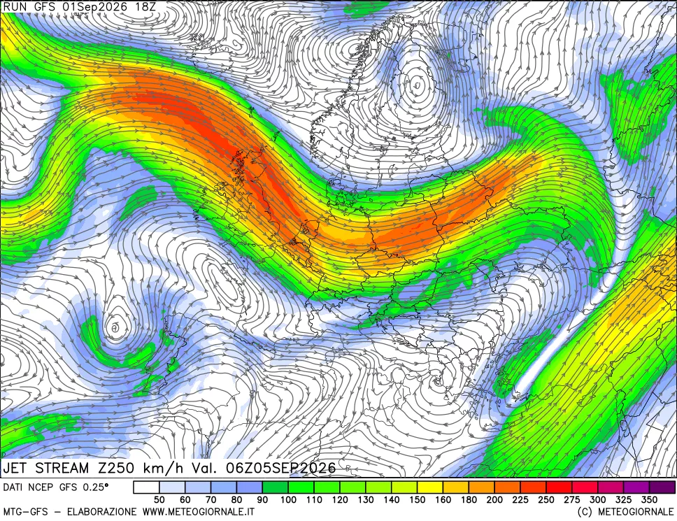mappa 250 hPa Jet stream