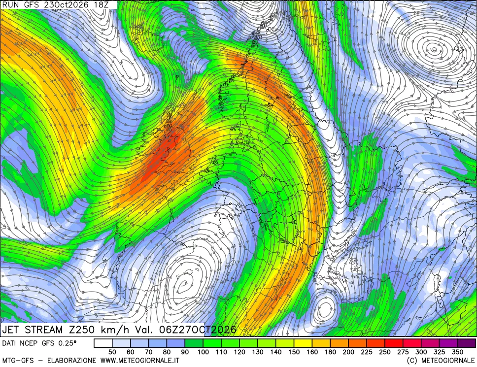 mappa 250 hPa Jet stream