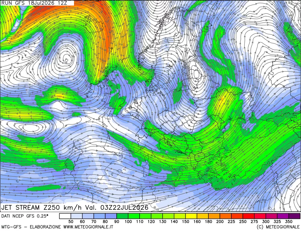 mappa 250 hPa Jet stream