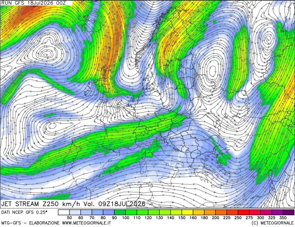 mappa 250 hPa Jet stream