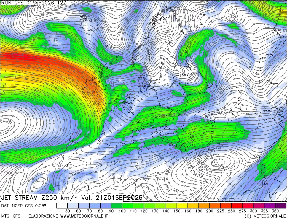 mappa 250 hPa Jet stream