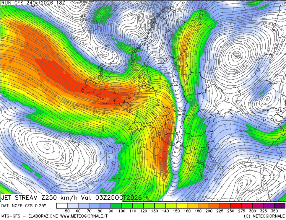 mappa 250 hPa Jet stream