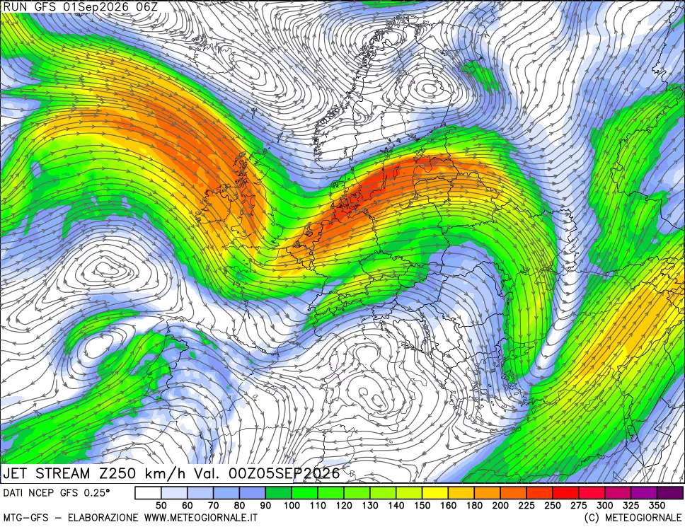 mappa 250 hPa Jet stream