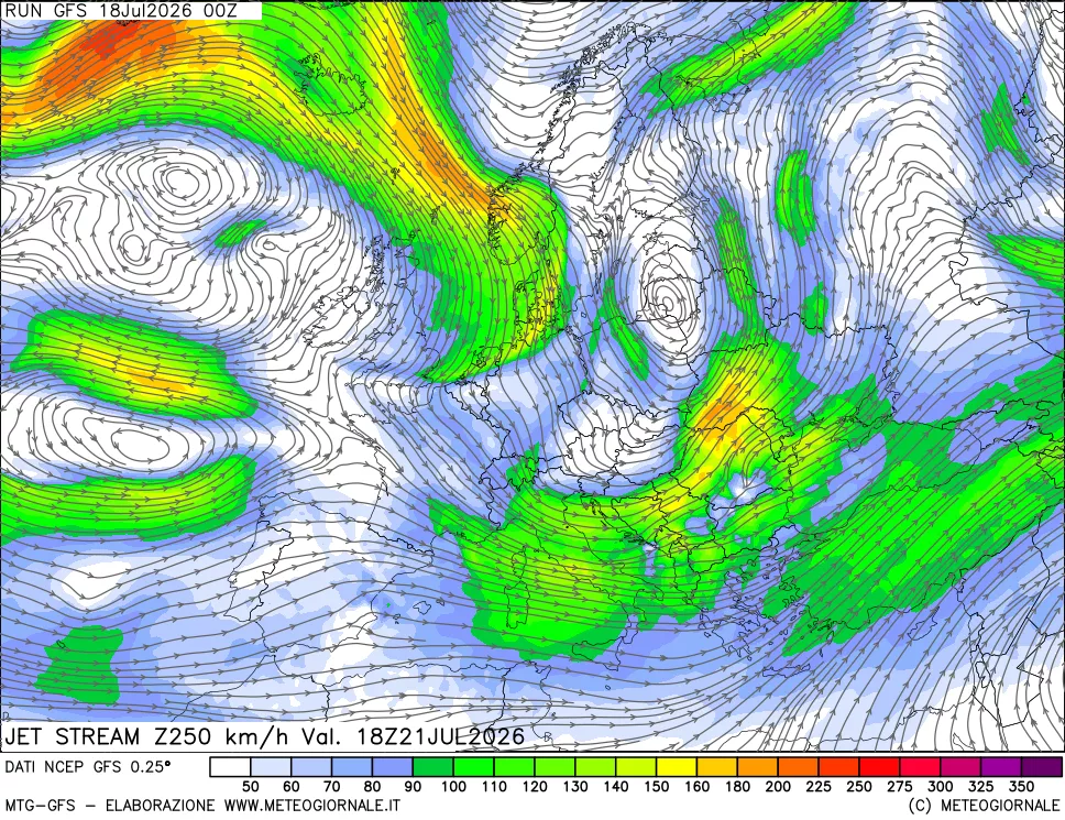 mappa 250 hPa Jet stream