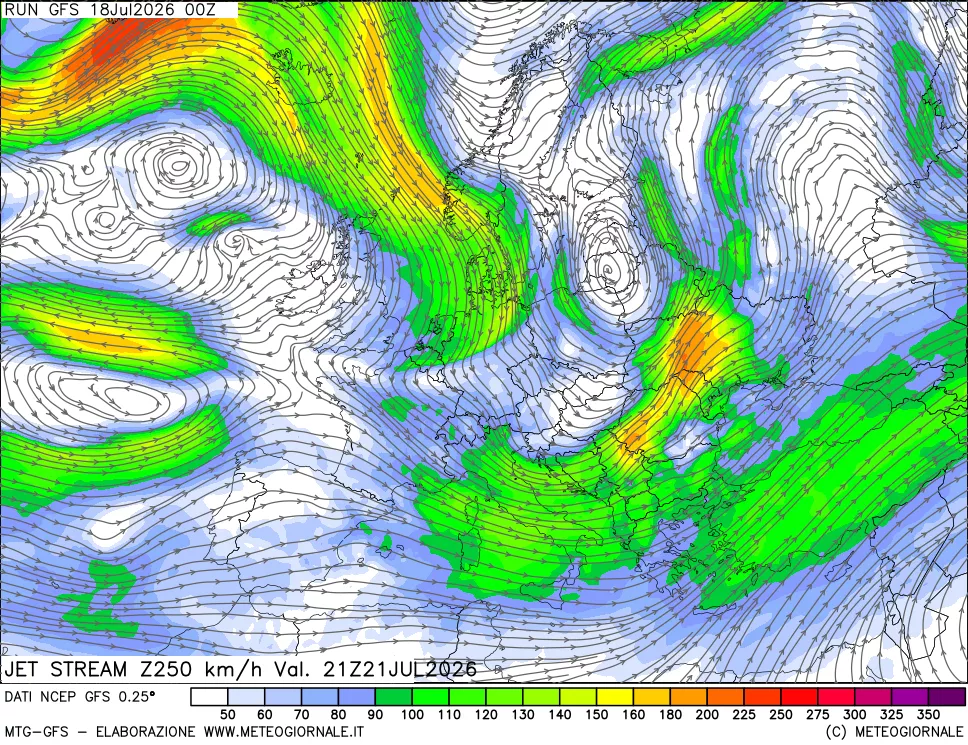 mappa 250 hPa Jet stream