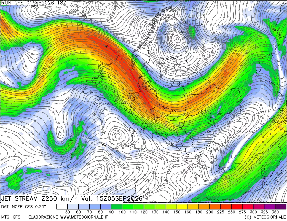mappa 250 hPa Jet stream