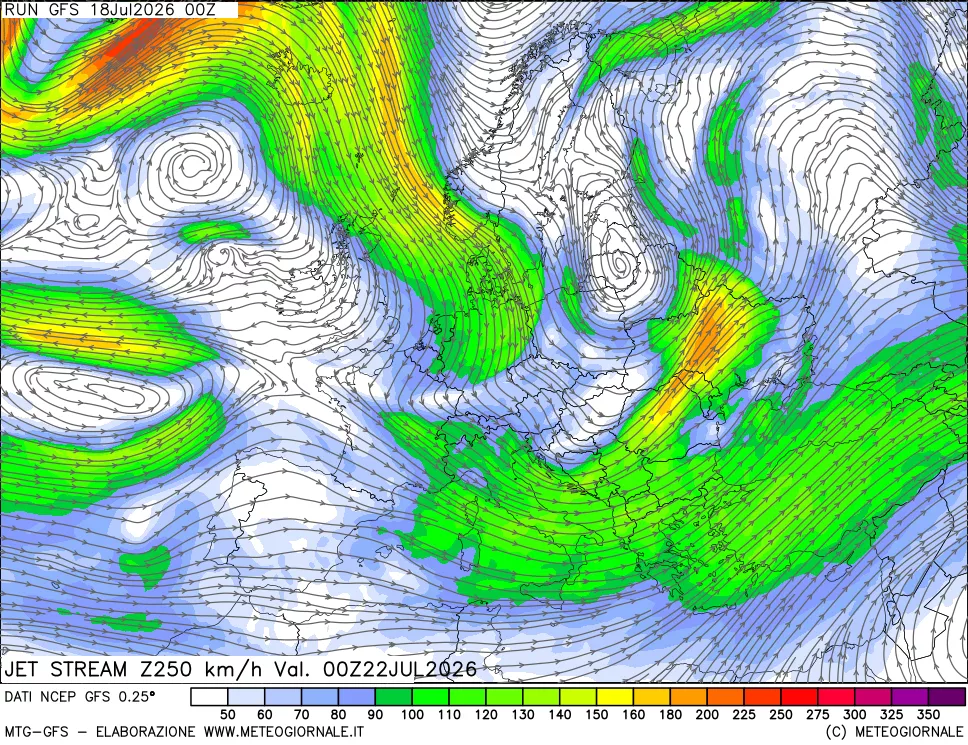 mappa 250 hPa Jet stream