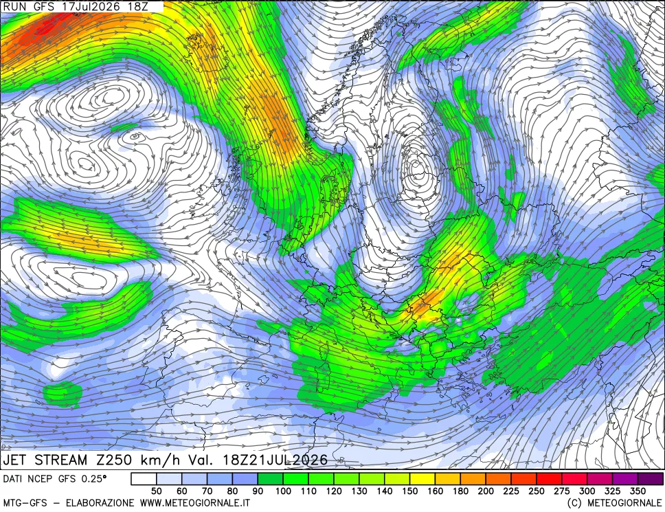 mappa 250 hPa Jet stream
