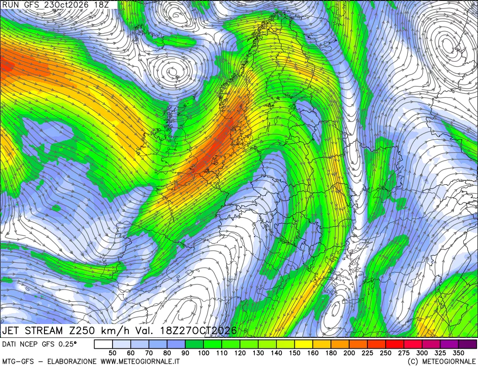 mappa 250 hPa Jet stream