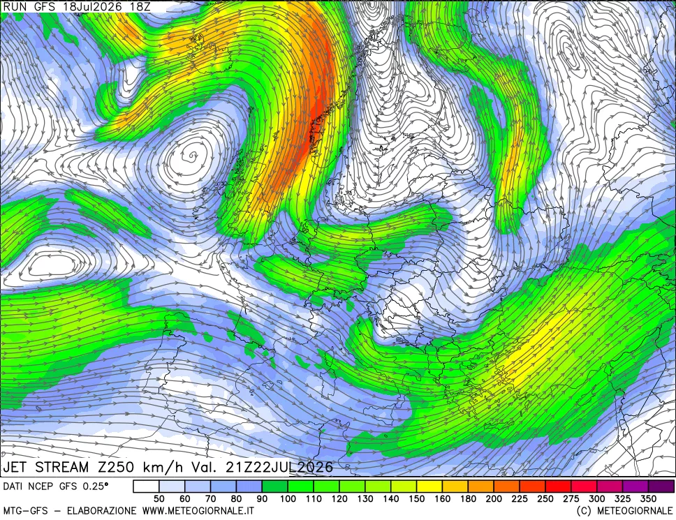 mappa 250 hPa Jet stream