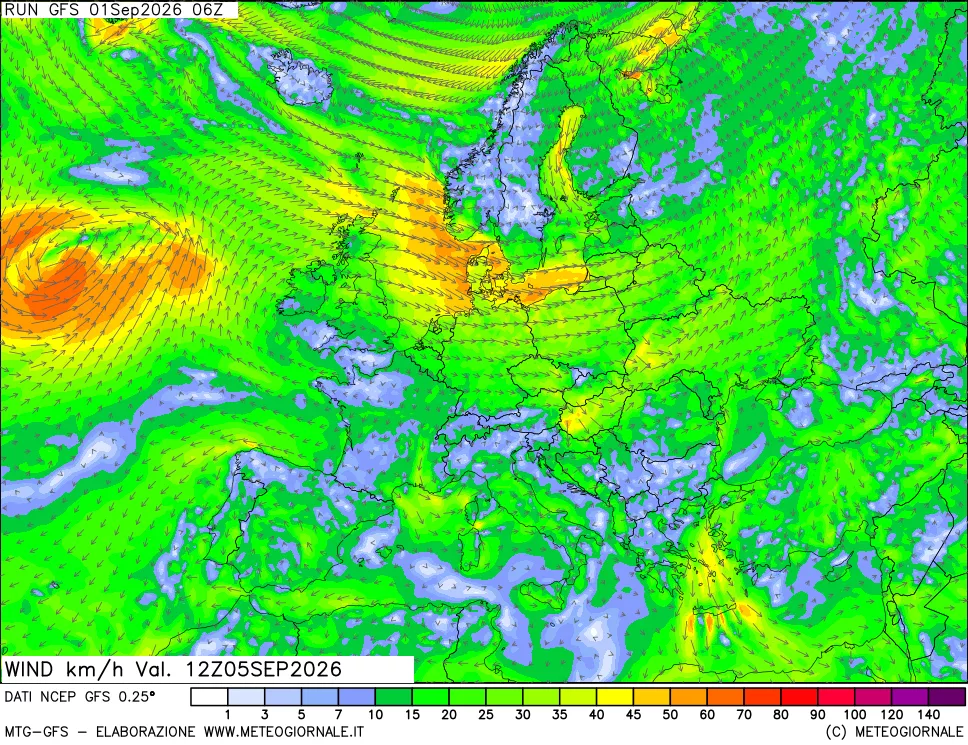 mappa 10 m Vento forza e direzione