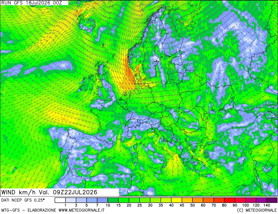 mappa 10 m Vento forza e direzione