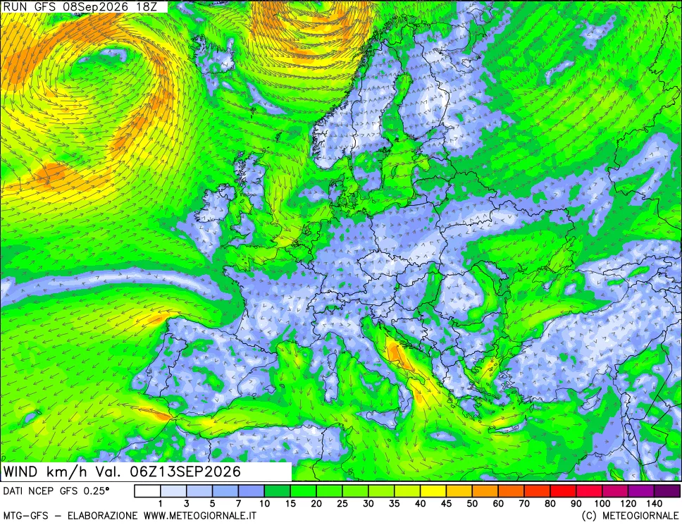 mappa 10 m Vento forza e direzione
