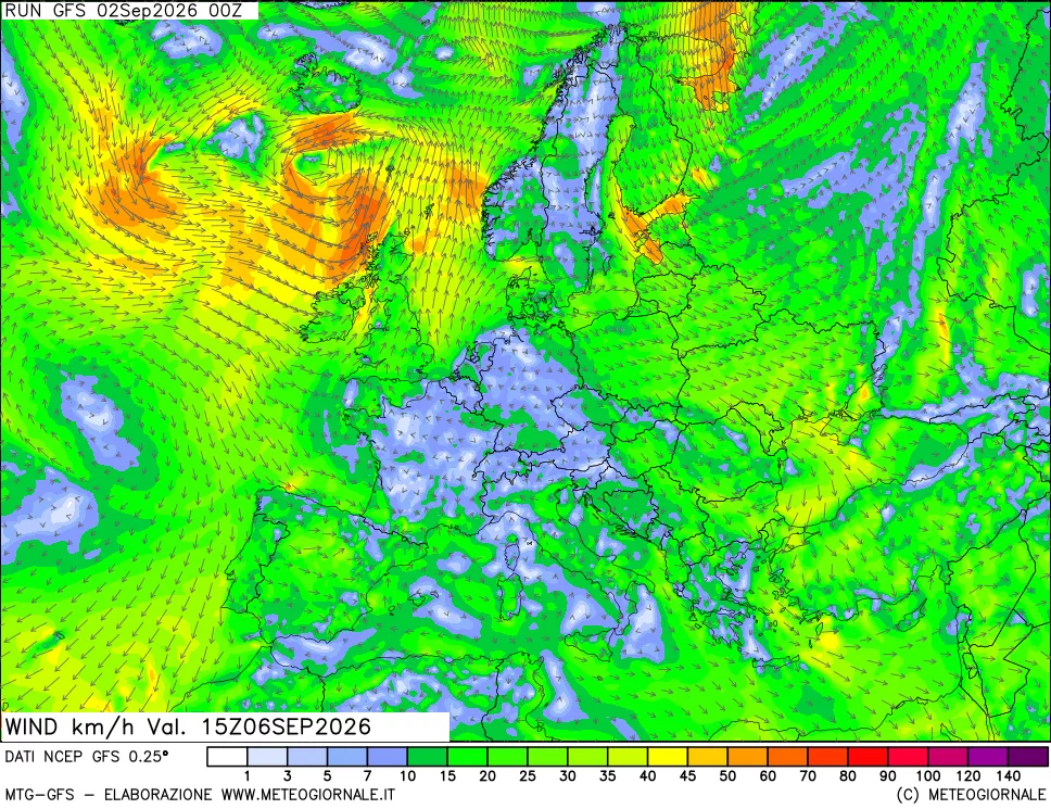 mappa 10 m Vento forza e direzione