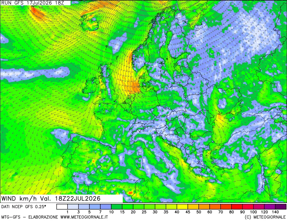 mappa 10 m Vento forza e direzione