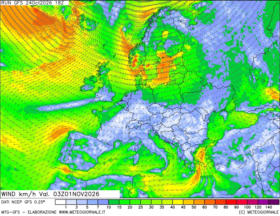mappa 10 m Vento forza e direzione