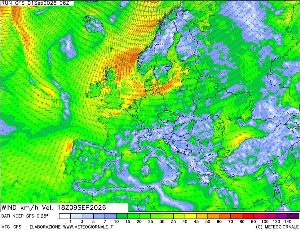 mappa 10 m Vento forza e direzione