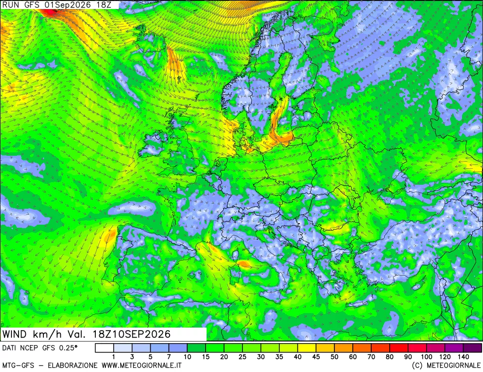 mappa 10 m Vento forza e direzione