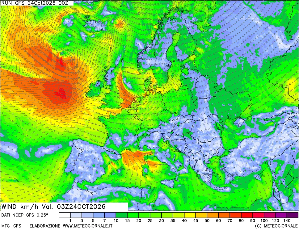 mappa 10 m Vento forza e direzione