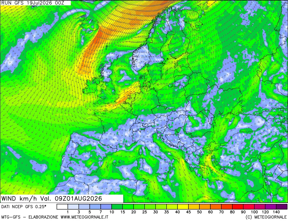 mappa 10 m Vento forza e direzione