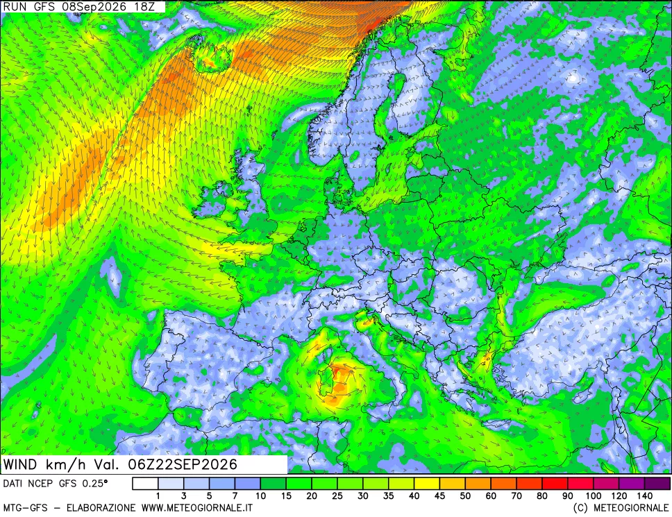 mappa 10 m Vento forza e direzione