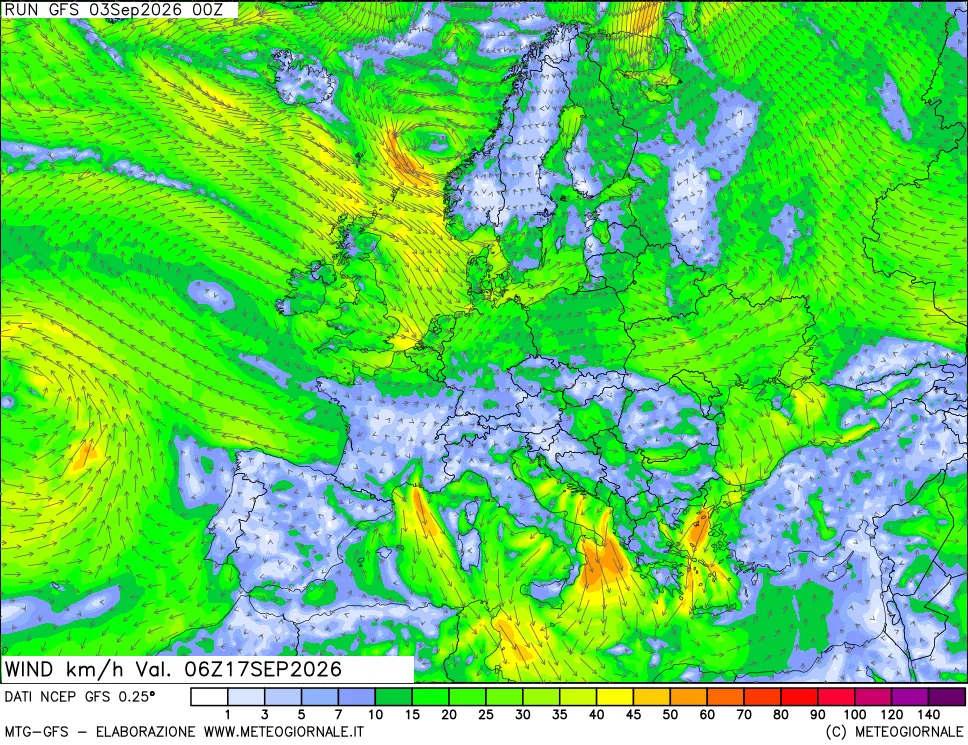 mappa 10 m Vento forza e direzione