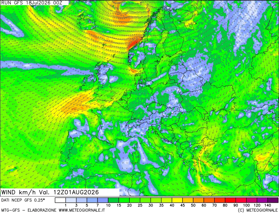 mappa 10 m Vento forza e direzione
