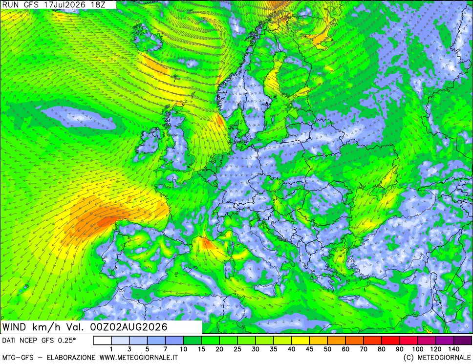 mappa 10 m Vento forza e direzione
